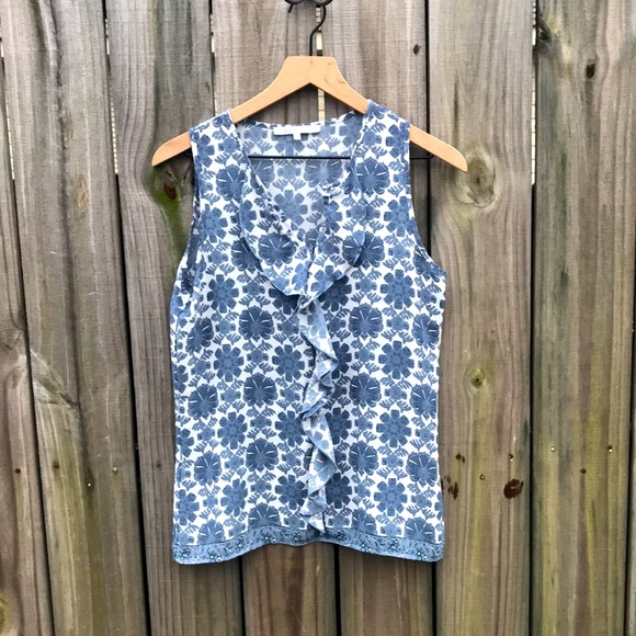 Violet & Claire Tops - Claire & Violet Blue & White Sleeveless Ruffle Front Top - Size Women's Small